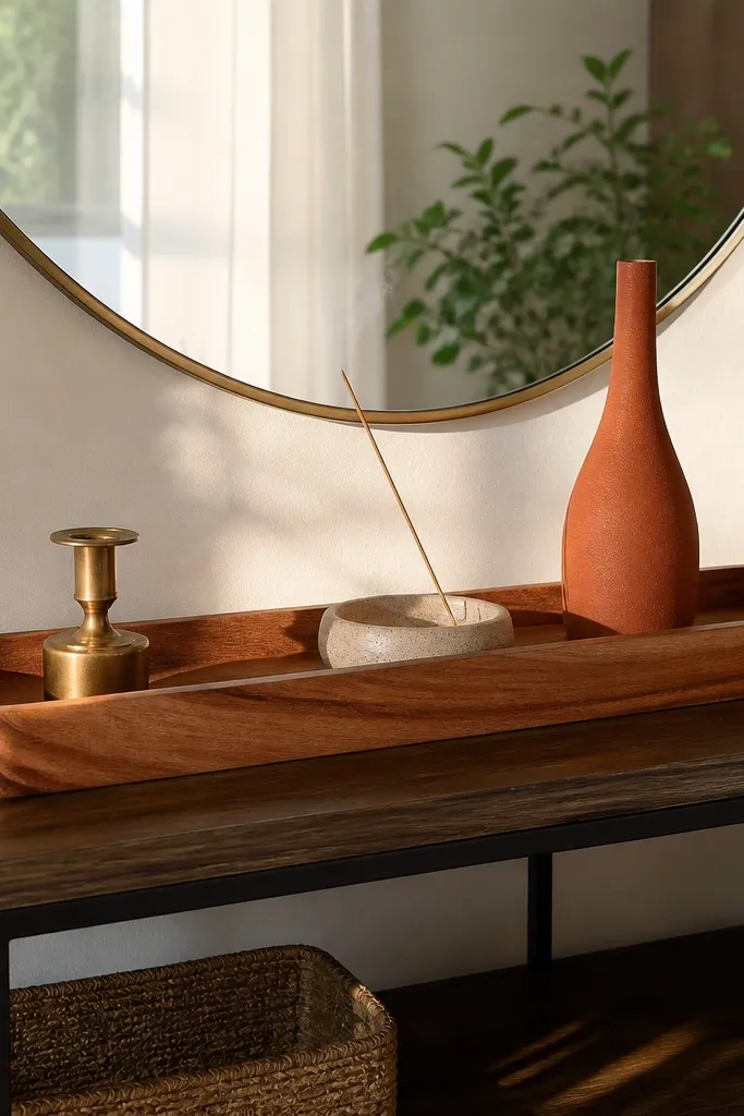 Slim console table with a tray and decor items arranged in three heights