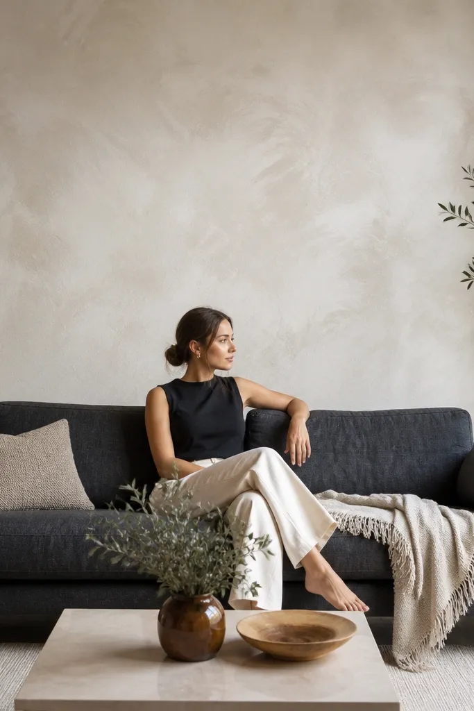 Textured limewash panel wall behind sofa with warm neutral tones