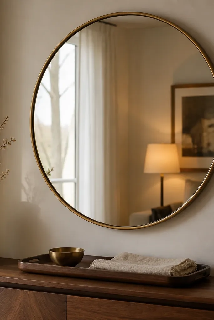 Round mirror above a slim console with a tray and minimal decor