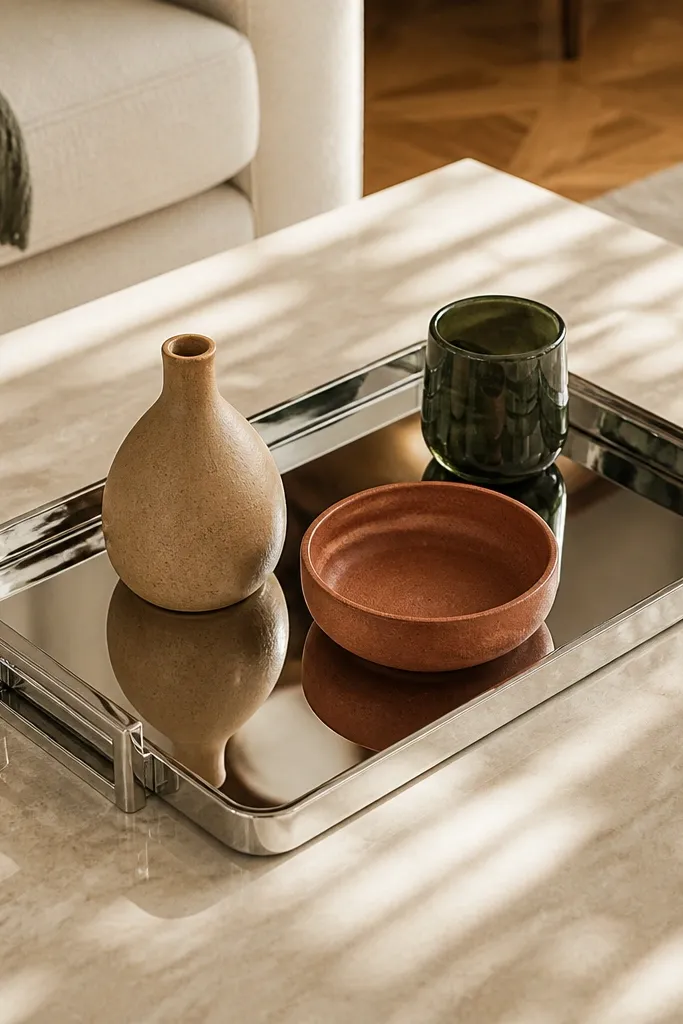 Coffee table with a mirrored tray holding decor in three colors