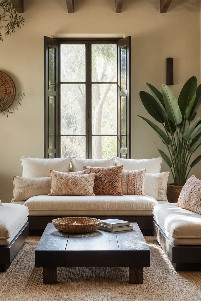 Low sofa with dark upholstery and light patterned cushions
