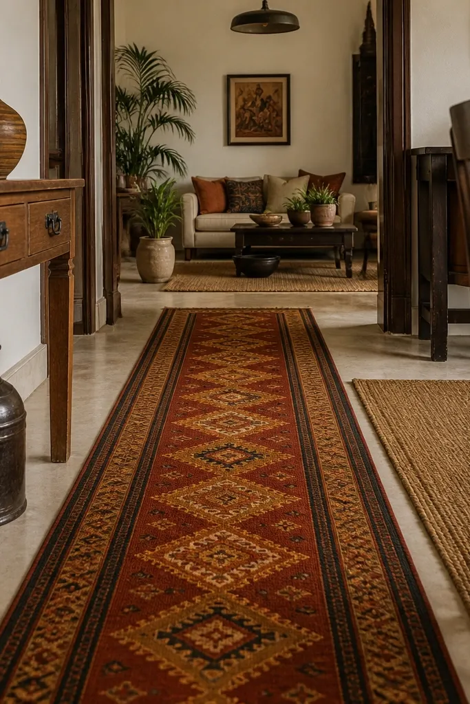 Geometric floor runner rug in warm tones leading through the drawing room