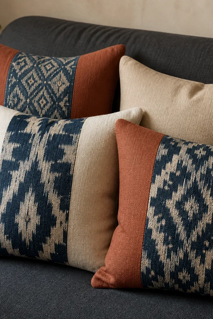 Ikat-style color-block cushions on a sofa in warm neutral room