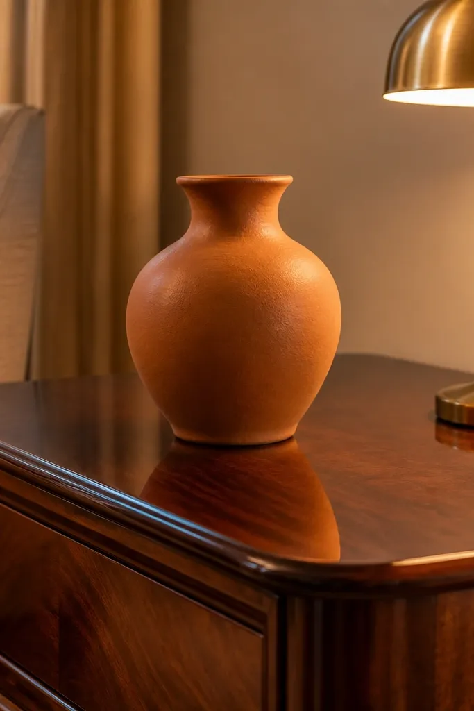 Small lacquered side table with one statement vase and a lamp