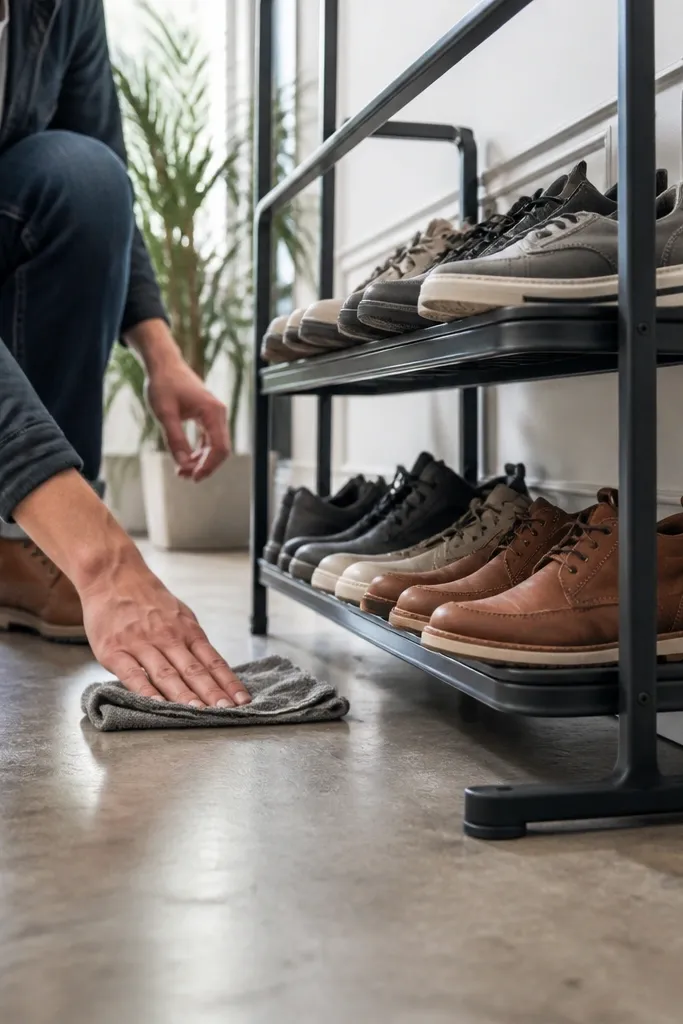 Powder-coated slim shoe rack holding sneakers in two neat tiers