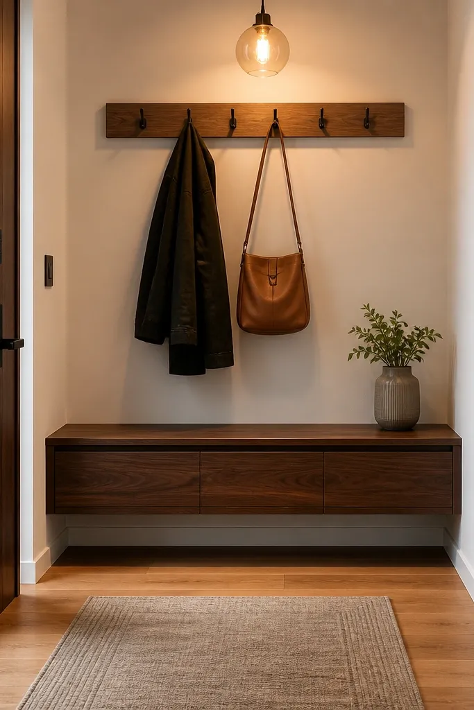 Floating entry bench with a flip-up top revealing a hidden shoe compartment