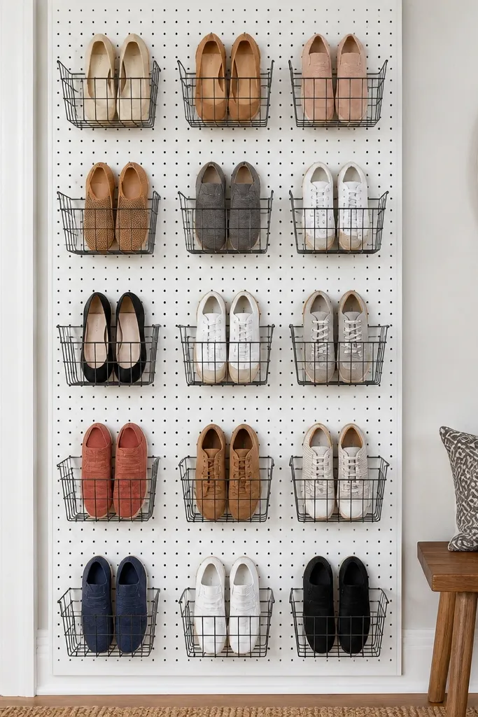 White pegboard wall with small baskets and hooks holding shoes neatly