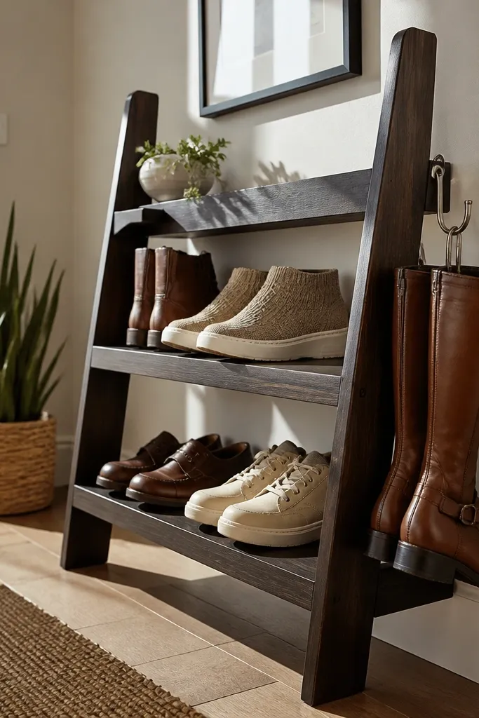 Small ladder shelf on wall with shelves and boot hangers underneath