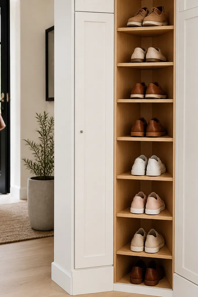Corner cabinet with angled shelves holding shoes in clean rows