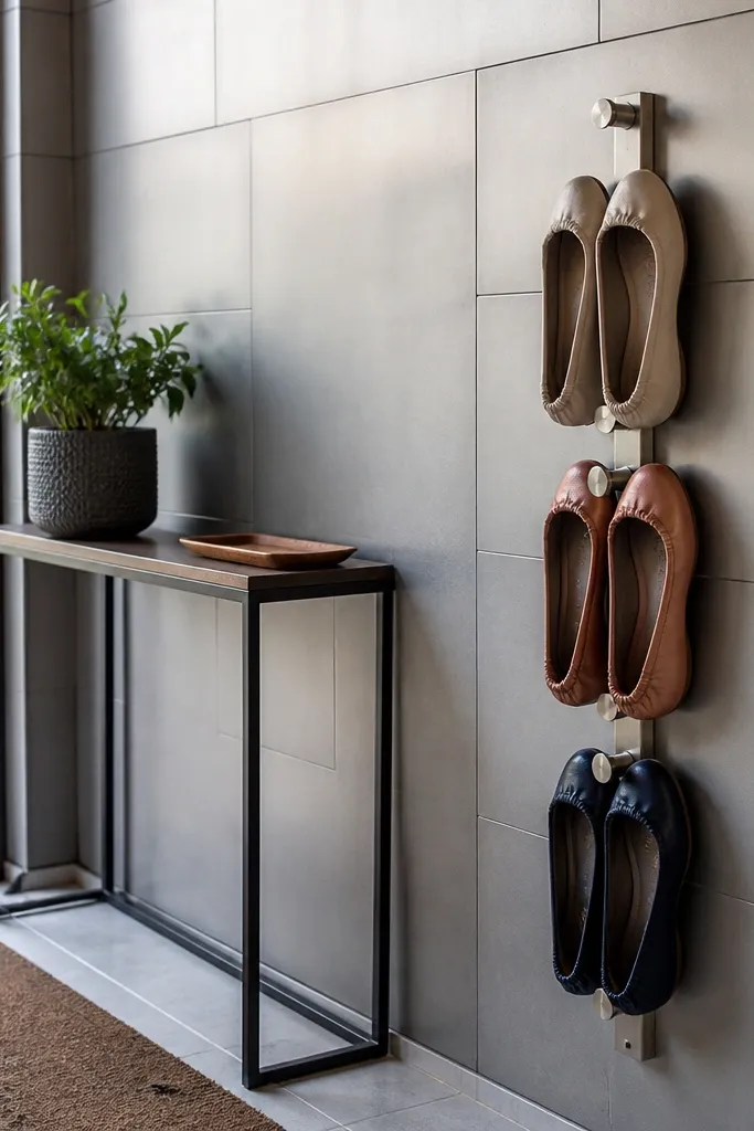 Metal strip on wall with shoes clipped neatly using small magnetic holders