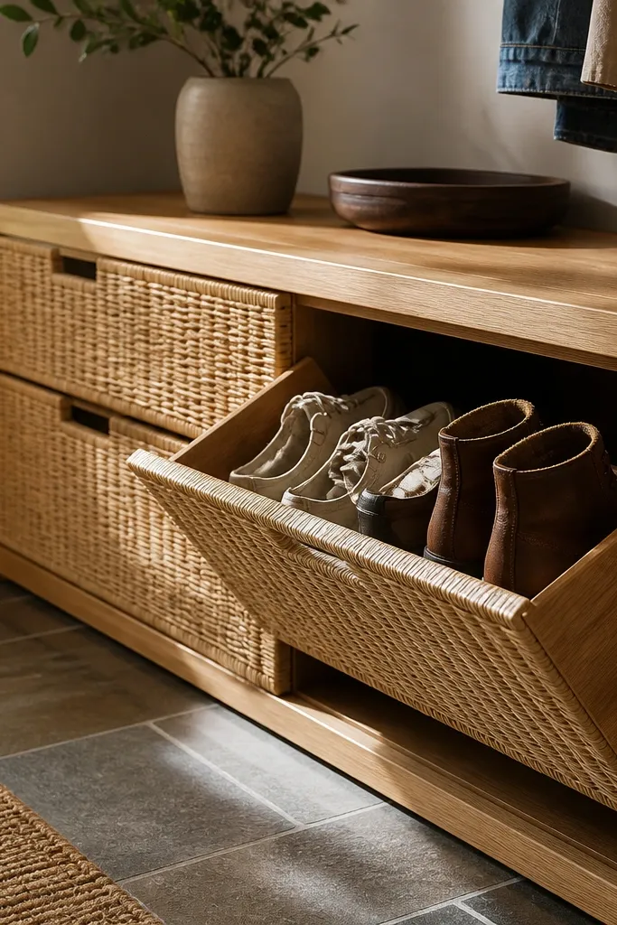Woven shelf under a bench with removable trays for organized shoe pairs