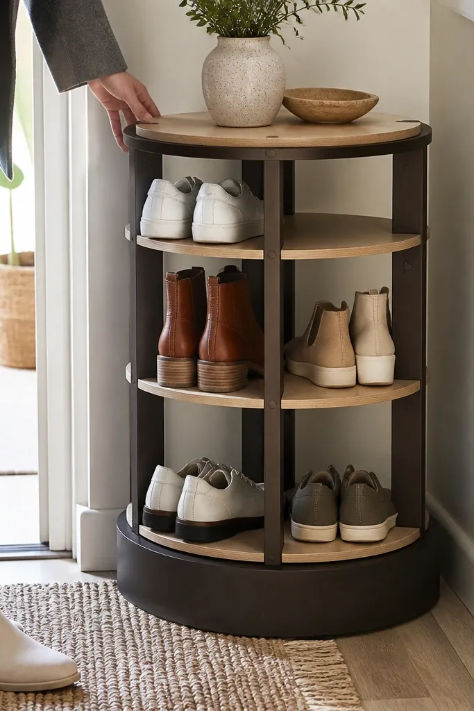 Small rotating shoe carousel with two-tone base and visible shoe pairs