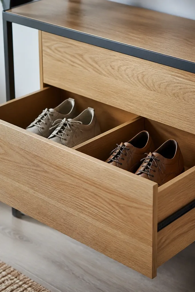 Slim under-console drawer with dividers separating shoes neatly