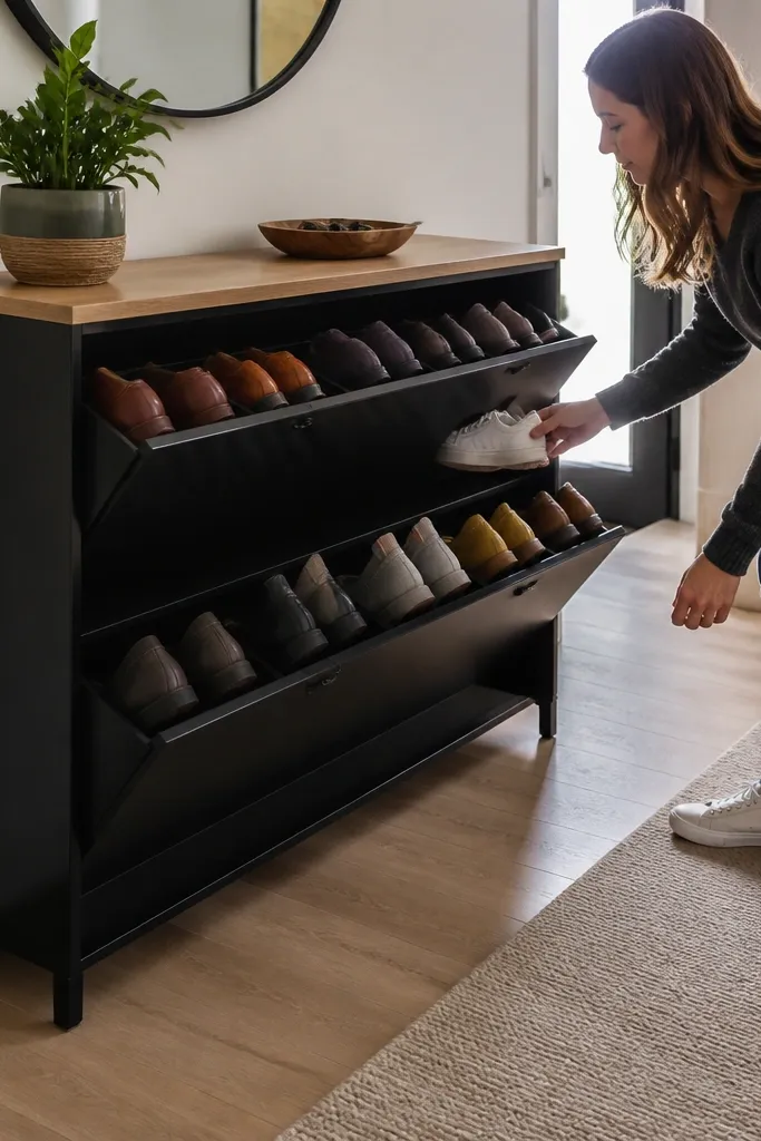 Shoe bench with two rows and flip-down shelves for compact storage