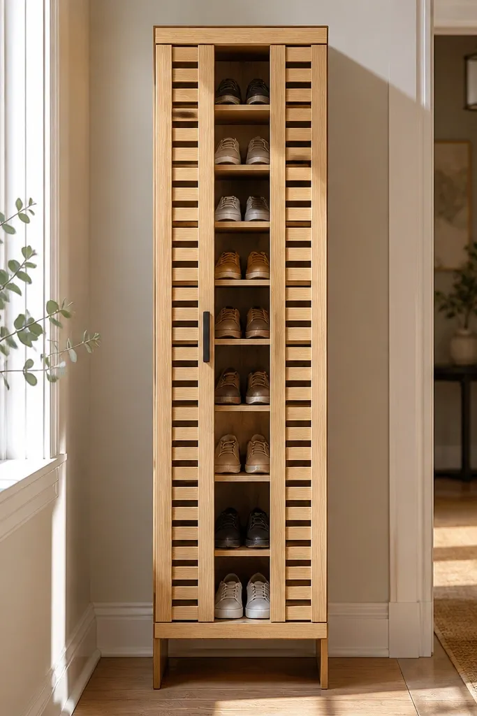 Tall narrow shoe tower with slatted doors and neatly arranged shoe shelves