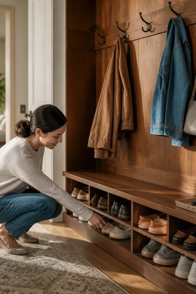 Freestanding coat rack with built-in cubbies below for shoes