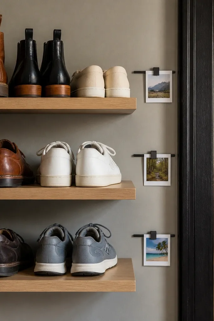 Open shoe shelves with magnetic labels aligned beside each cubby