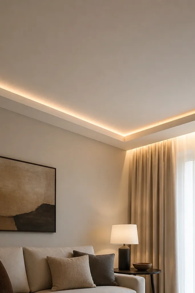 White ceiling with a thin border and a warm strip light glow
