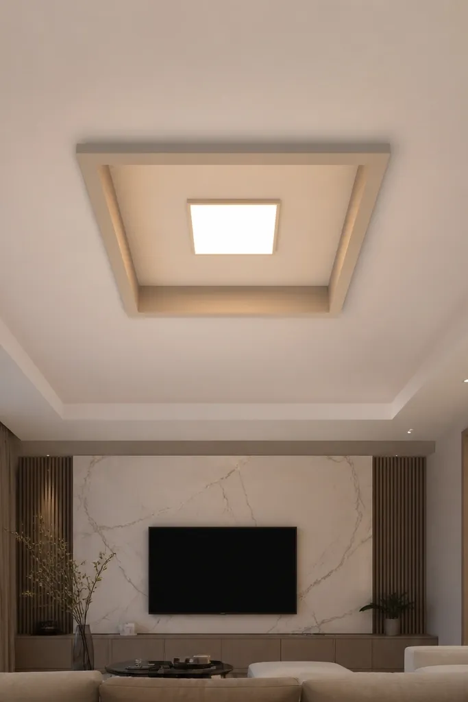 Ceiling with a shallow tray and a centered square panel with light