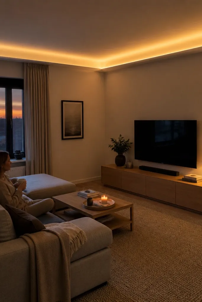 Soft cove glow around the ceiling perimeter with a smooth white ceiling