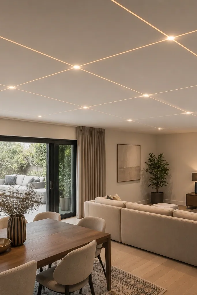 Small grid lines on the ceiling with warm LED glow at intersections