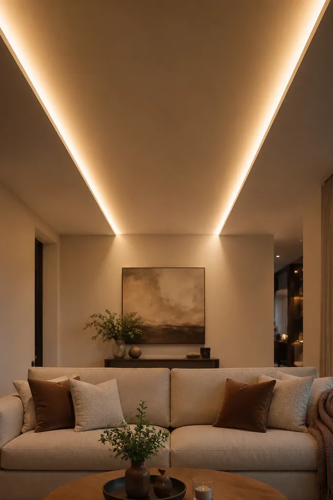 Ceiling has a long rectangle runner with LED glow along its edges