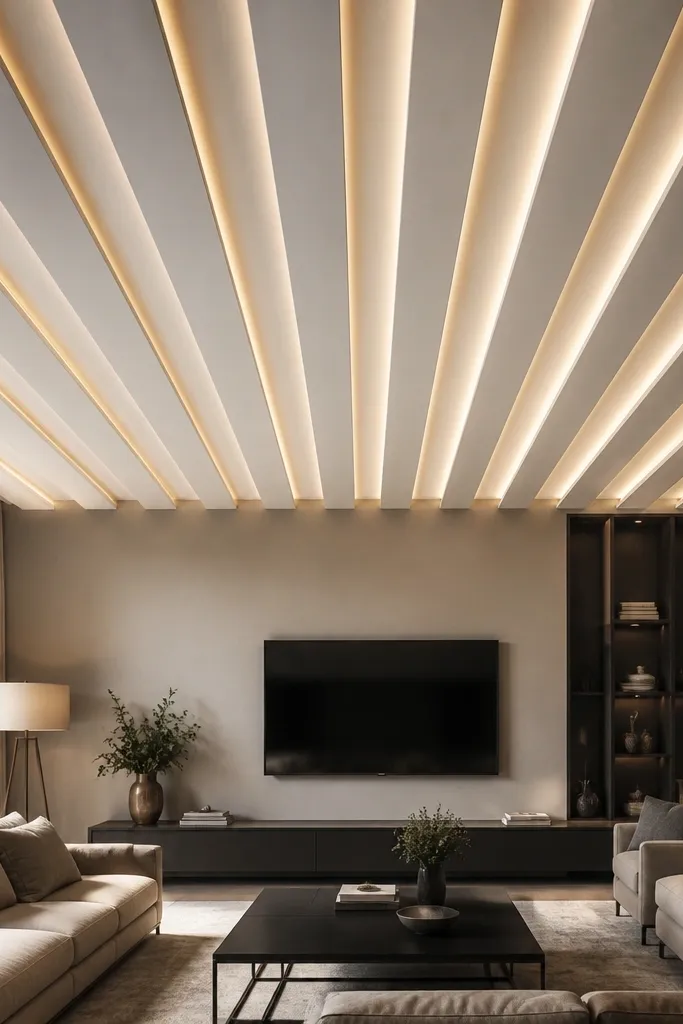 Ceiling with alternating recessed strips and soft light between them