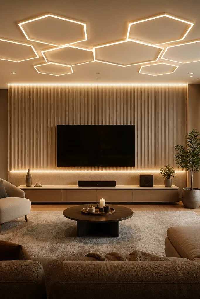 Flat white ceiling with a few hexagon light accents