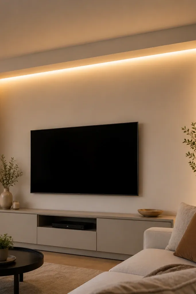 Ceiling has an L-shaped border near TV wall with a tiny glow line