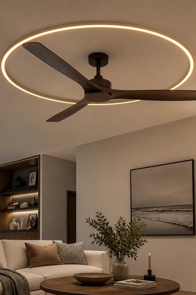 Round ring around a ceiling fan with a slim LED glow