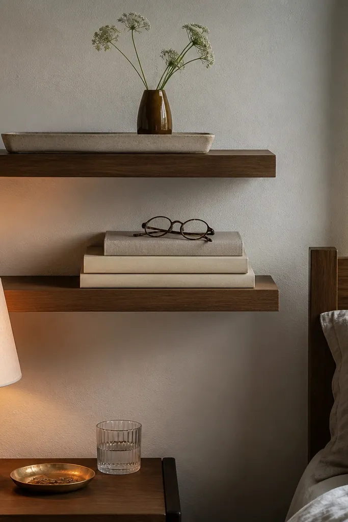 Two warm wood floating shelves above a nightstand with books and a small plant