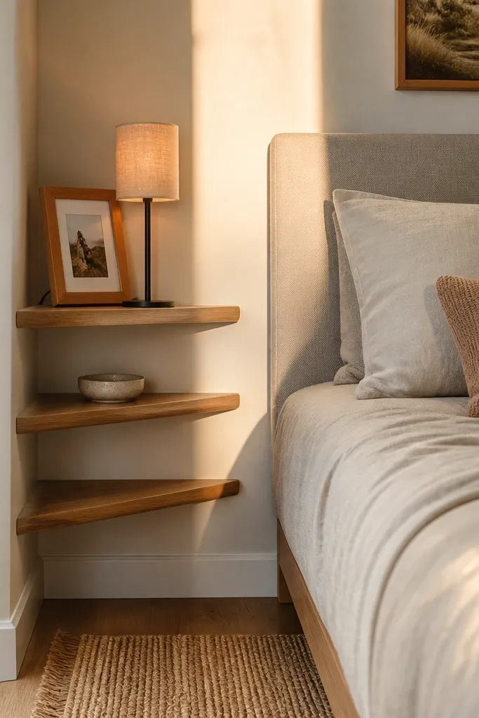 Three small floating shelves in a bedroom corner with a candle, book, and framed