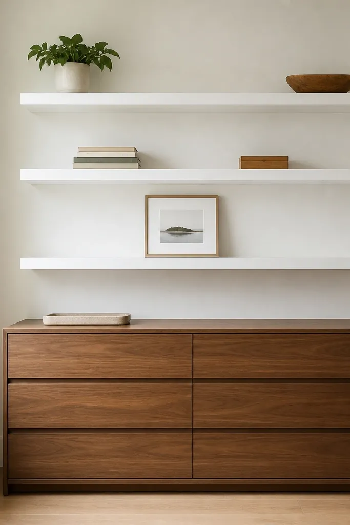 Hidden-bracket floating shelves above a dresser with stacked books and a ceramic vase
