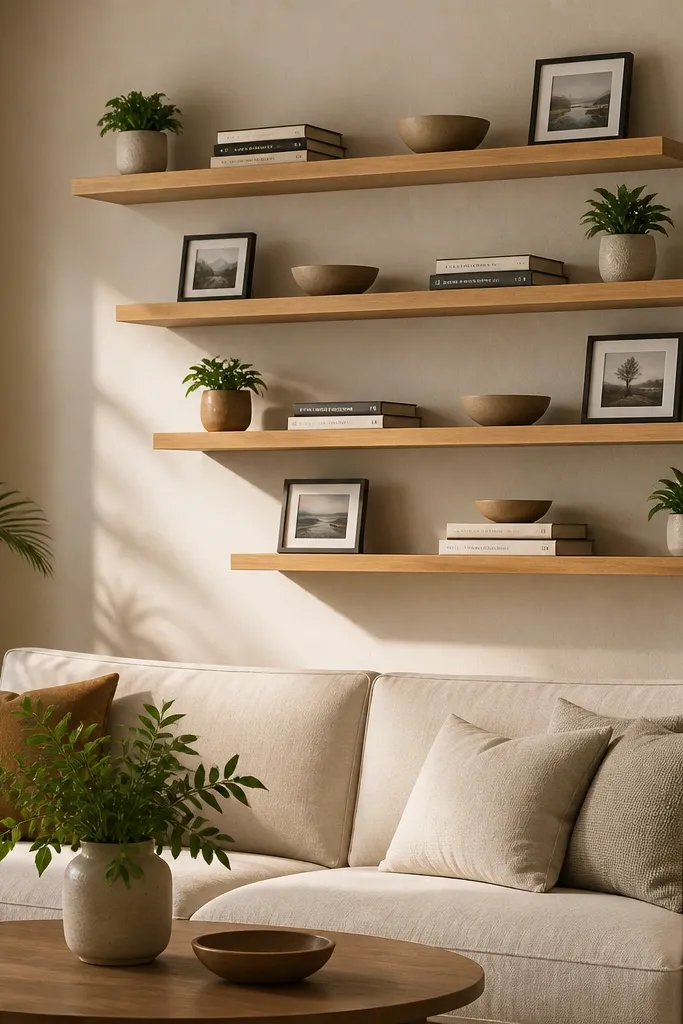 Four staggered floating shelves in warm wood with framed photos and candles