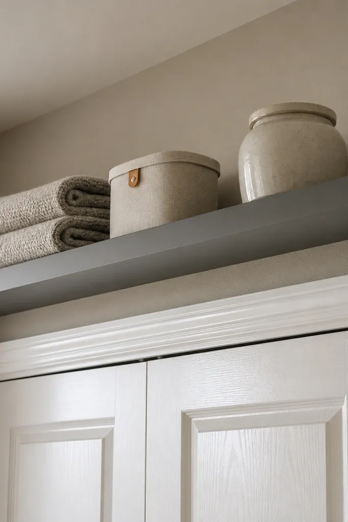 A narrow floating shelf above a bedroom closet door with a small bin and folded items