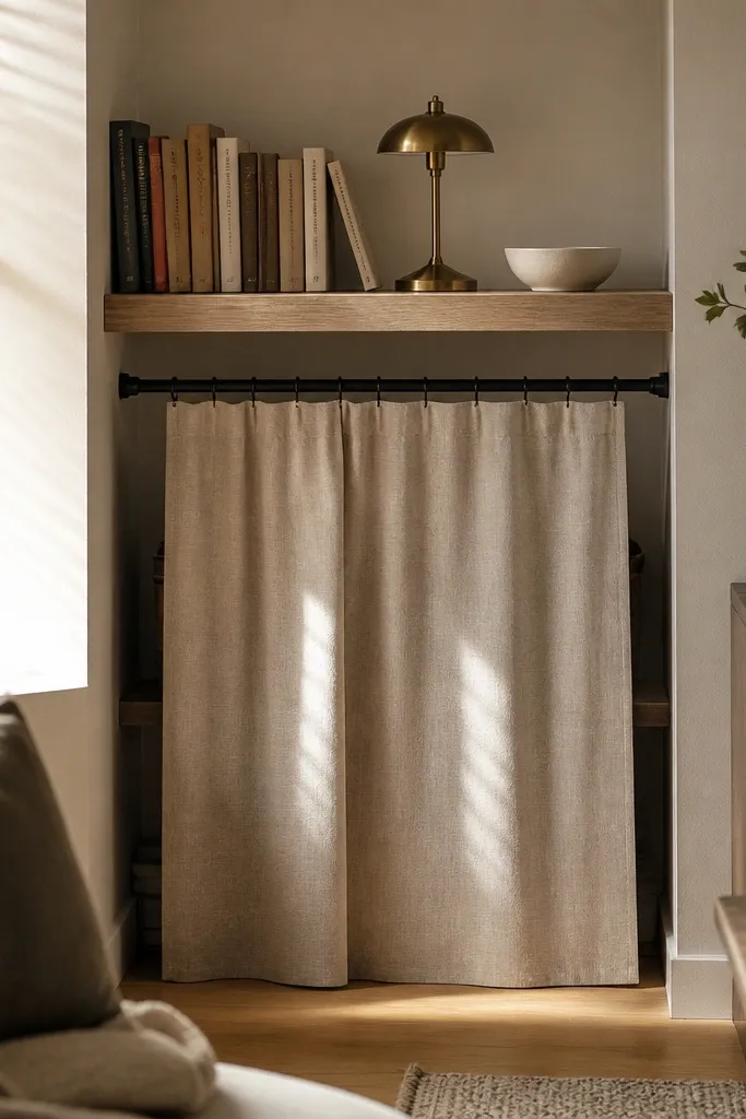 A floating shelf with a small reading lamp and books, plus a curtain rod above
