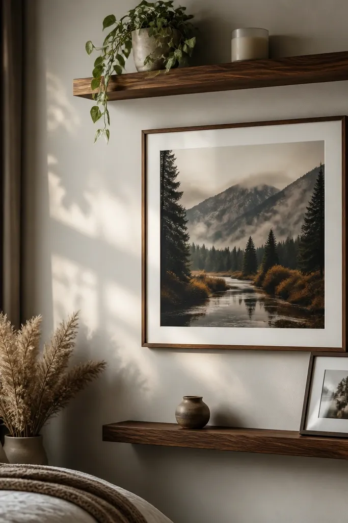 Two floating shelves with artwork framed on the wall between them