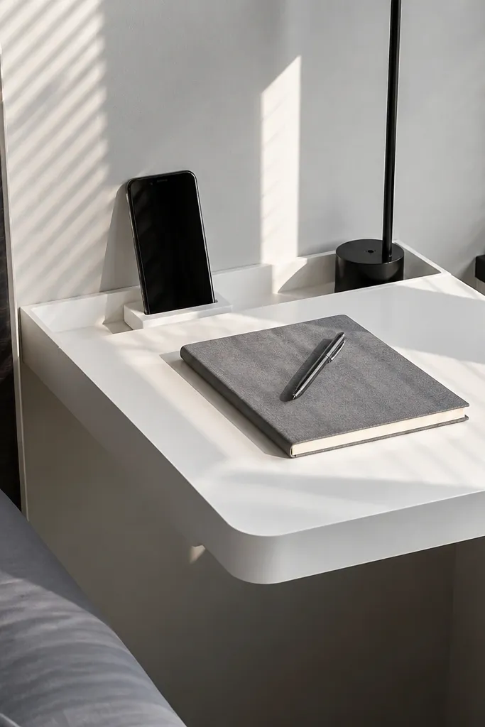 Floating shelf with a small power strip hidden behind a wood cable channel