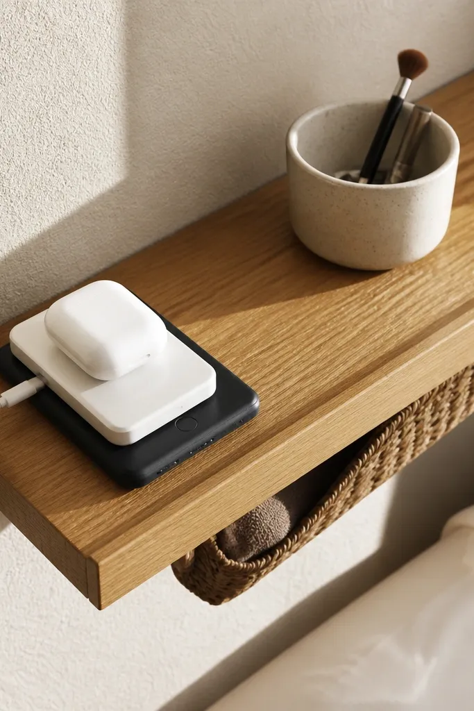 Warm wood floating shelf with a basket tucked under a small front lip