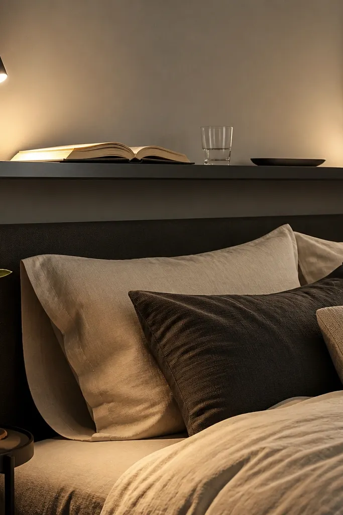 Wood floating shelf above bed with two small reading lights and framed decor