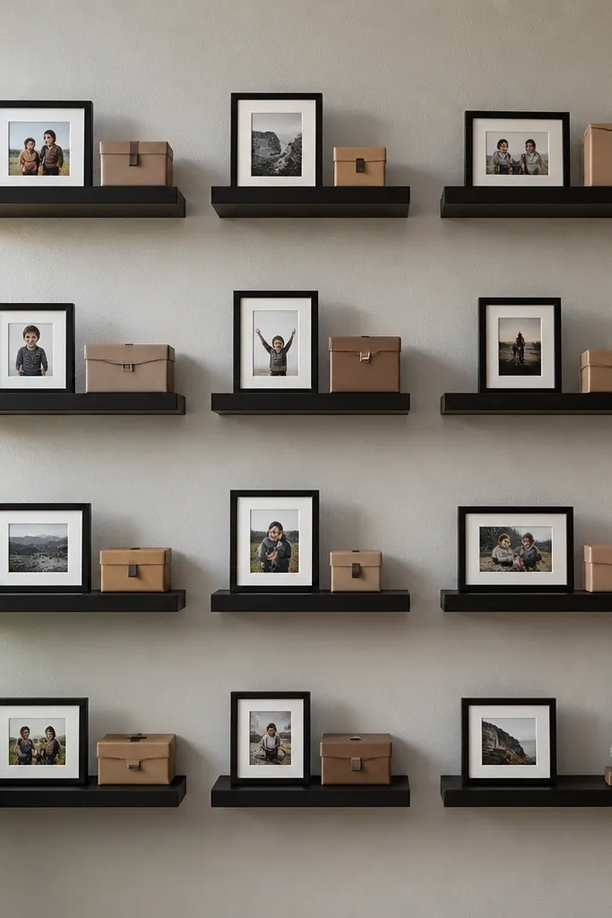 A grid of small floating shelves holding framed photos and small keepsakes