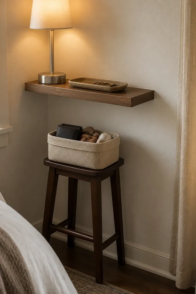 A floating shelf with a small narrow stool below and a lamp on top