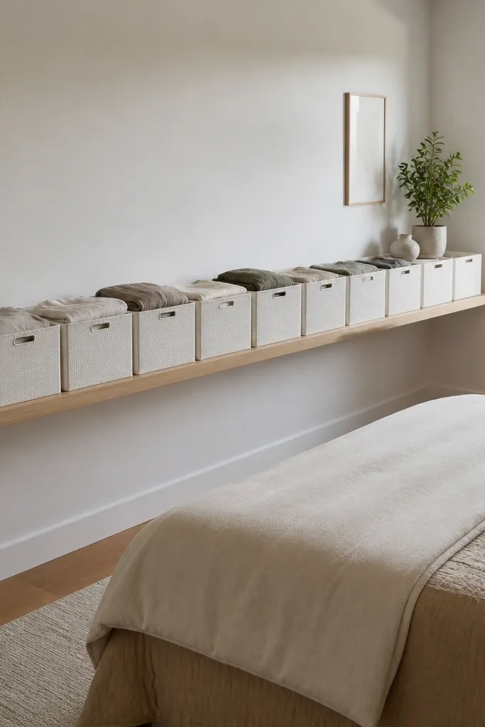 A long floating shelf stretching from a corner toward the wall with bins and folded items