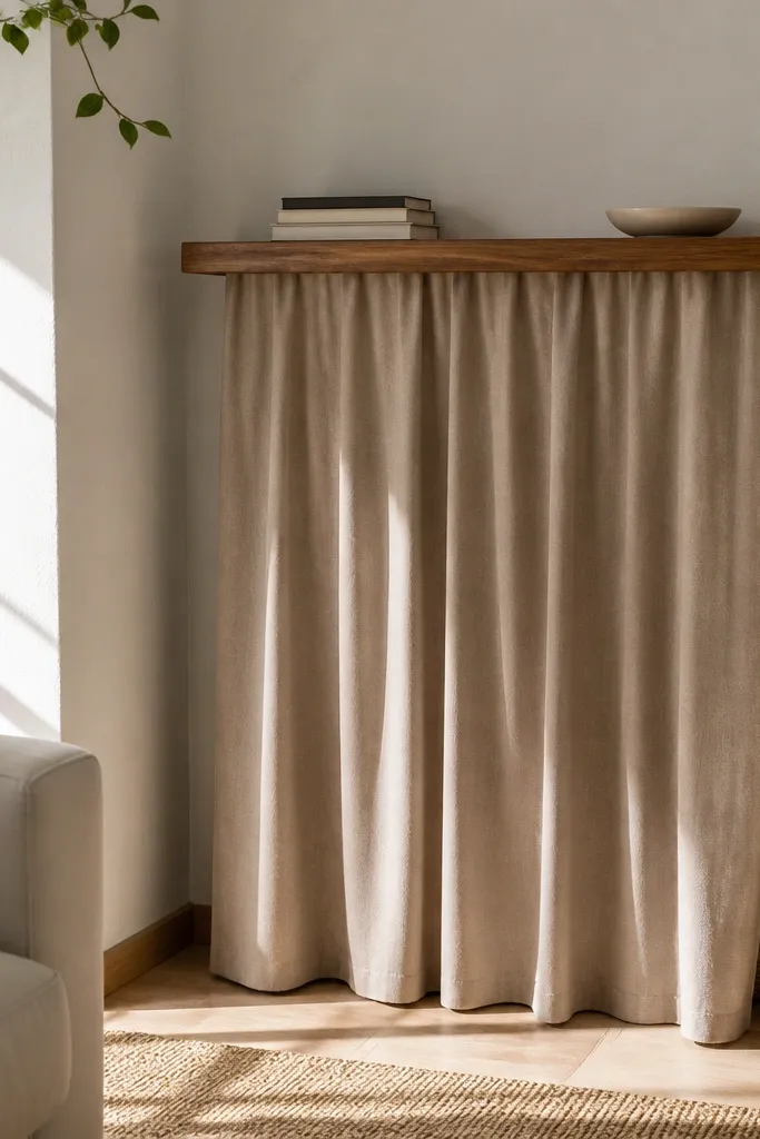 Floating shelf with a small curtain panel covering items underneath