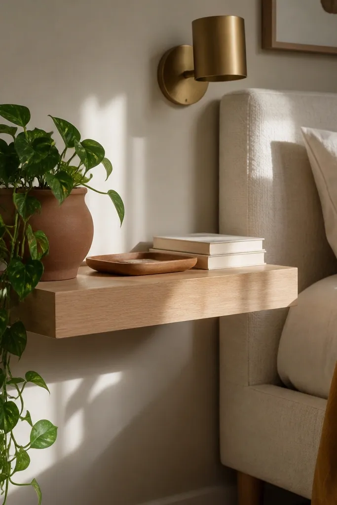 Floating shelf with a planter and trailing plant above a bedside chair