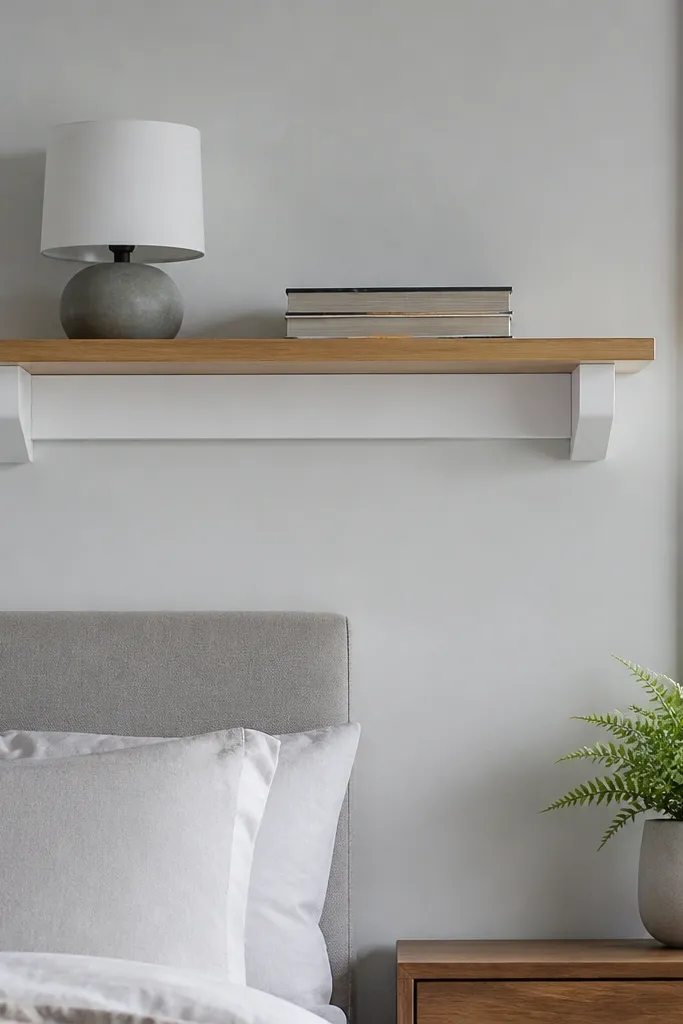Two-tone floating shelves with white brackets and warm wood shelf tops