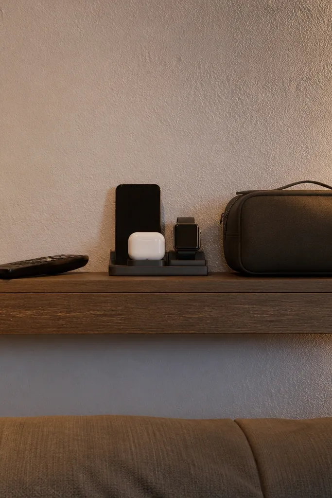 A floating shelf with a small drawer panel hiding items underneath