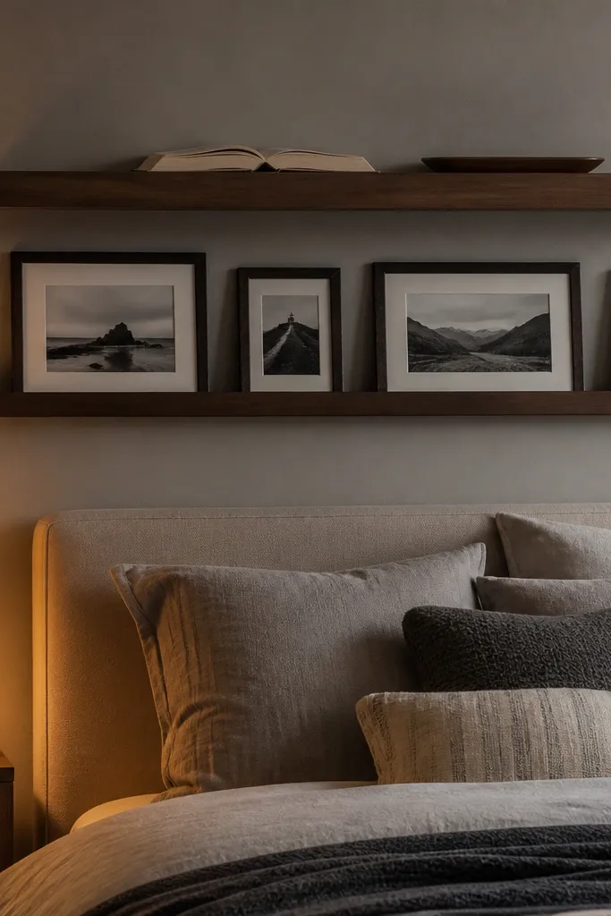 Floating shelf above a bed with a small rail and framed pictures