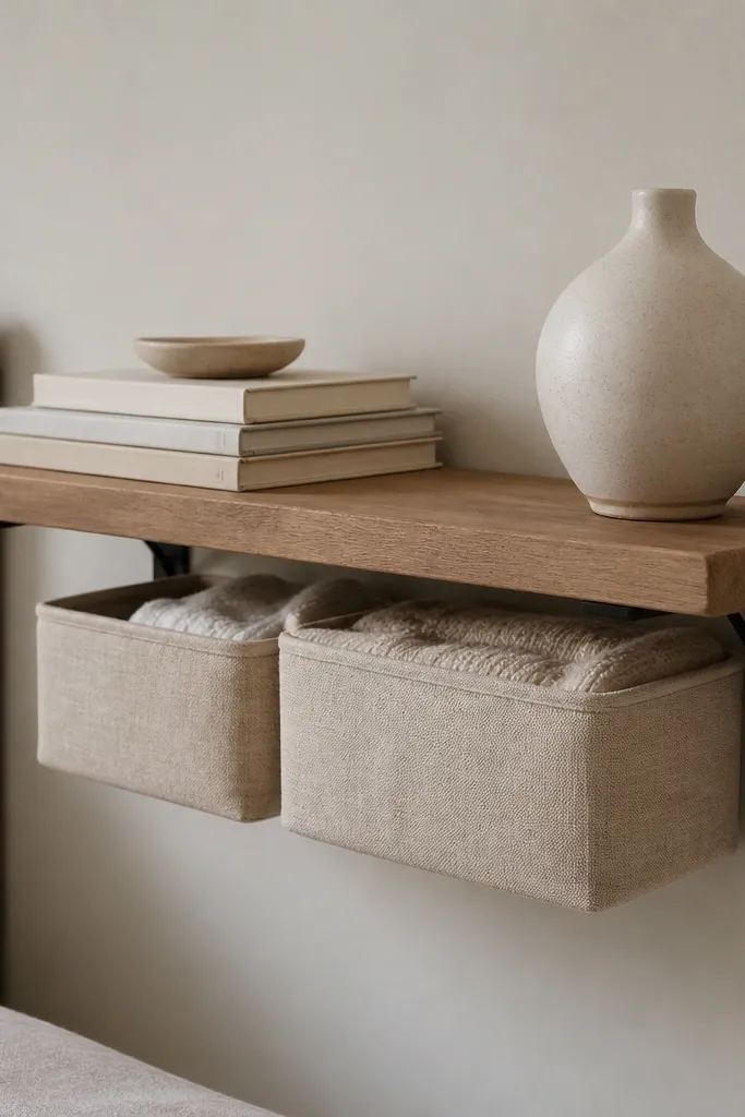 Single floating shelf with matte black brackets and linen bins for folded items