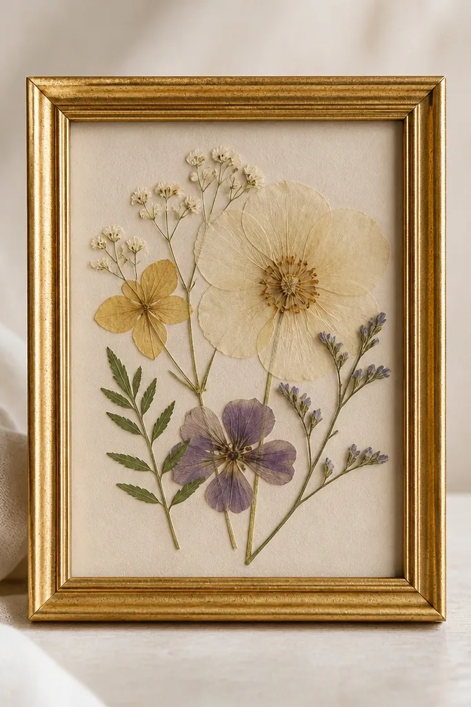 A small 6x8 gold frame with a light beige backing. The insert shows a "pressed" flower collage with muted petals arranged like a herbarium.